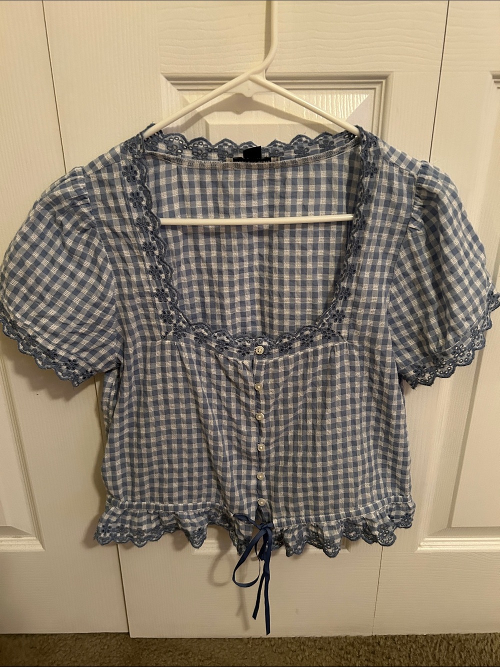American Eagle Gingham Lace-Trim Button Front Top